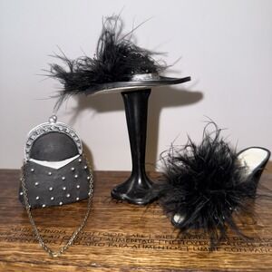 Mini Black High Heeled Shoe, Purse, Wide Brimmed Hat, Stand -Resin Figurines